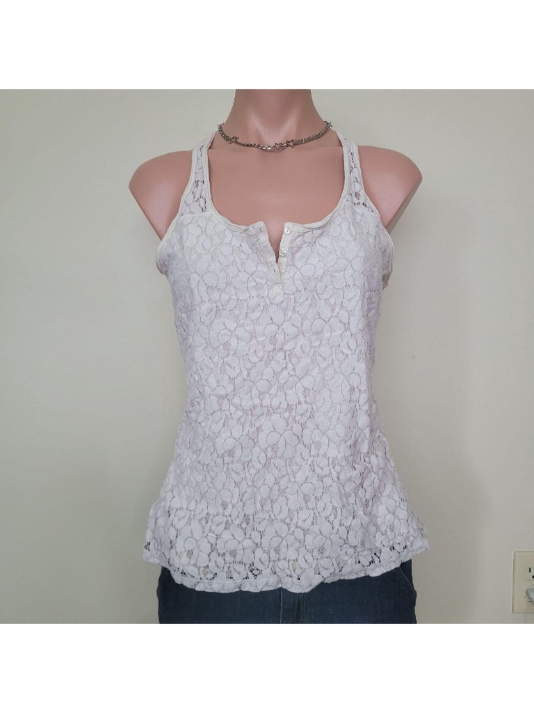 Smart Set Crochet Aesthetic Cotton Lace Henley Neck Tank Top (M)